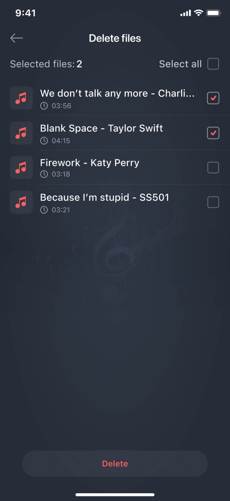 Mp3 Cutter - M4a, Music Cutter - Users can efficiently manage their audio library by employing checkbox selections for multiple files and confirming deletions with a dedicated button.