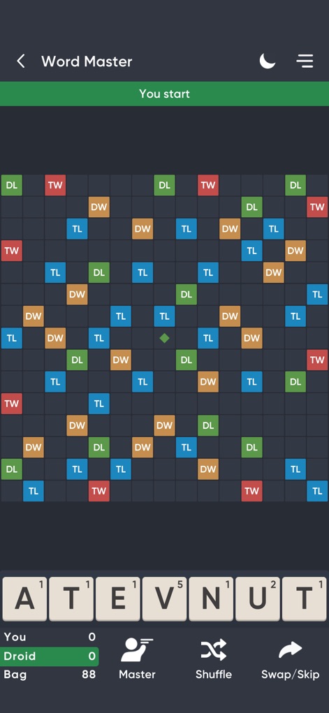 Word Master - Classic - This screenshot displays a pristine game board with its initial bonus tile distribution and the user's starting letter rack.
