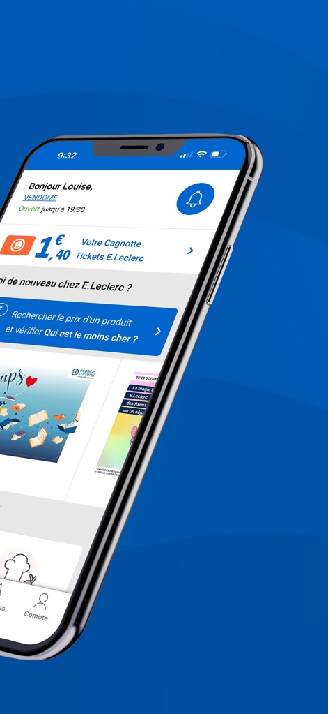 Mon E.Leclerc - Diese Ansicht zeigt eine personalisierte Begrüßung und die aktuelle "Cagnotte" des Nutzers, die das Guthaben der Treuekarte darstellt, sowie eine prominente Suchleiste zum "Rechercher le prix d'un produit".