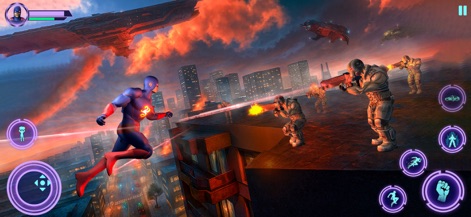 Grand Superhero Justice Sim - Players engage in intense rooftop combat, evading gunfire from multiple enemies while a menacing alien spacecraft looms overhead.