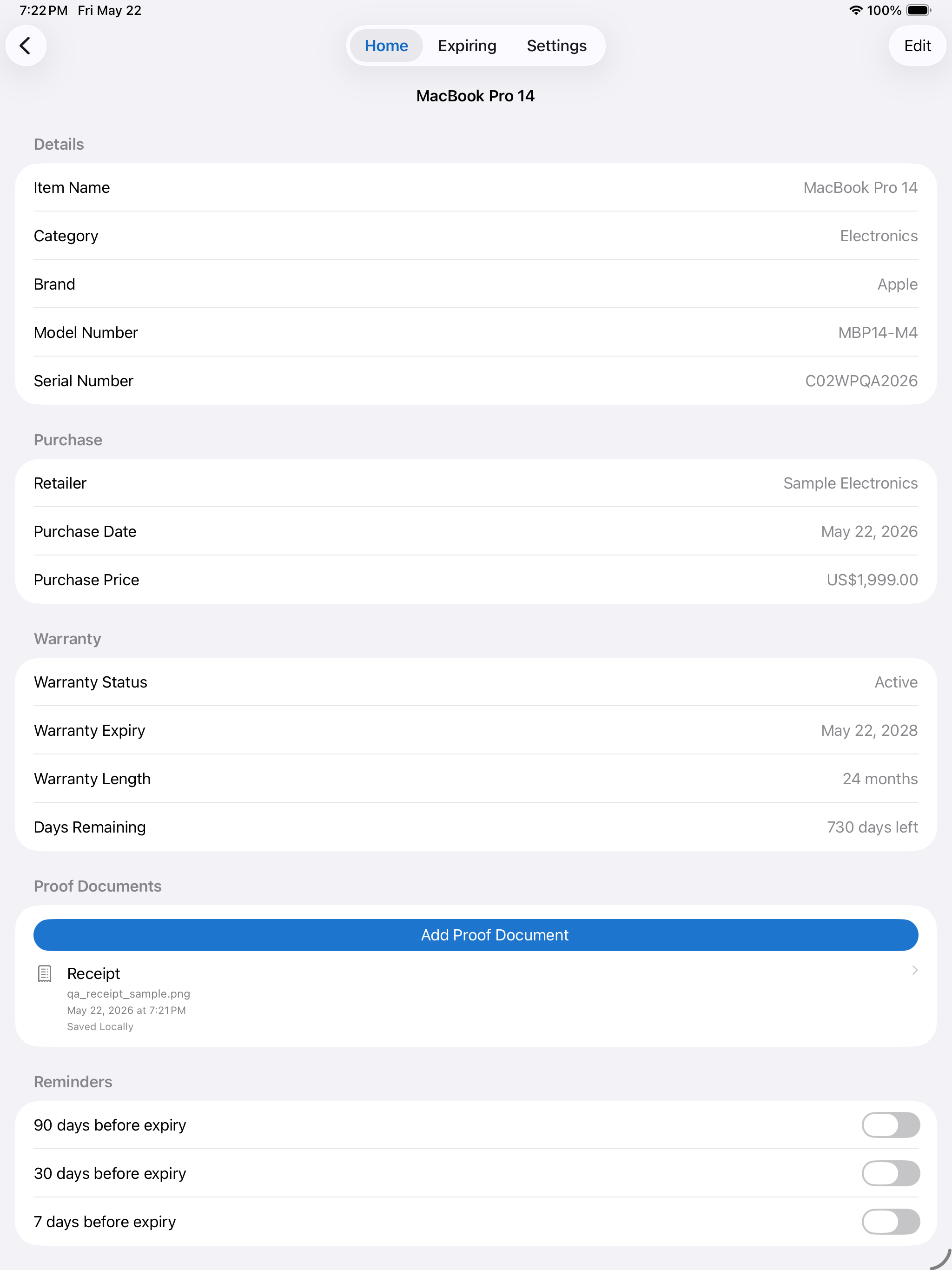 WarrantyProof: Receipts
