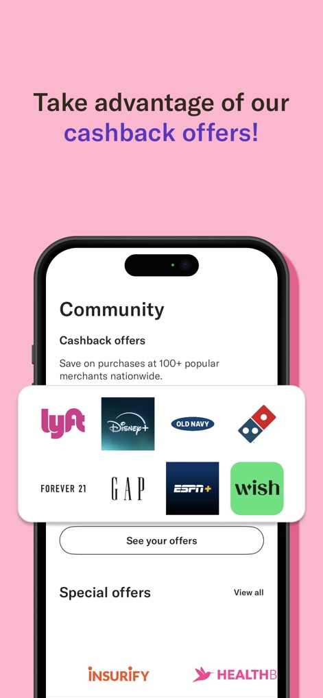 MAJORITY: Mobile banking - Hier finden Nutzer eine Vielzahl von Cashback-Angeboten, präsentiert mit den Logos bekannter Marken wie Disney+ und Lyft, um beim Einkaufen zu sparen.