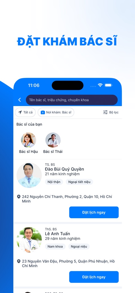 YouMed - Ứng dụng đặt khám - This tool enables users to locate expert doctors based on their specialization and years of experience, with profiles featuring their photo and clinic address.