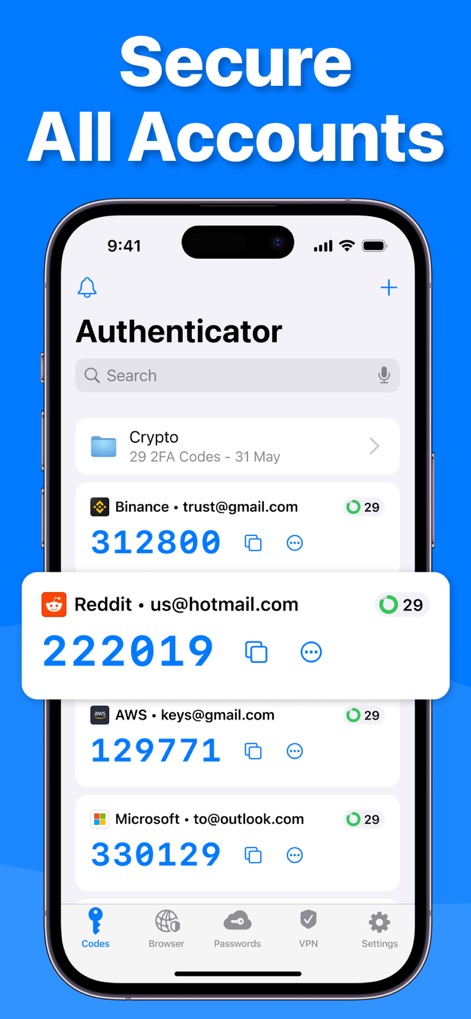 Authenticator · - Cet outil centralise les codes 2FA pour divers comptes et offre des dossiers personnalisables pour une organisation optimale.