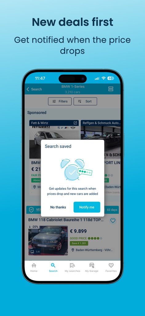 AutoUncle: Search used cars - This tool offers a "Search saved" pop-up to enable push notifications, allowing users to instantly "Notify me" when new deals or price drops occur.