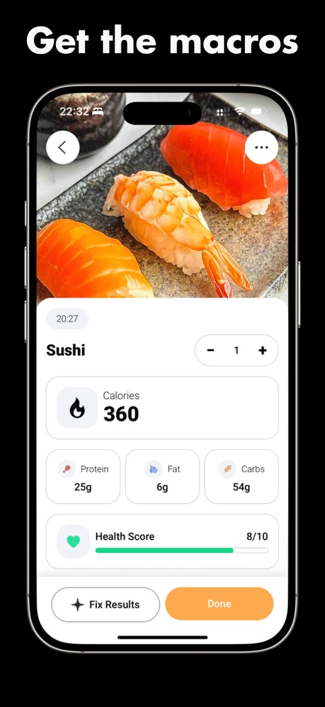 Meshitora: Track My Calories - Dopo l'analisi, l'app fornisce un'istantanea dei macronutrienti con 'Calorie 360' e un 'Health Score 8/10', guidando gli utenti verso scelte alimentari consapevoli.