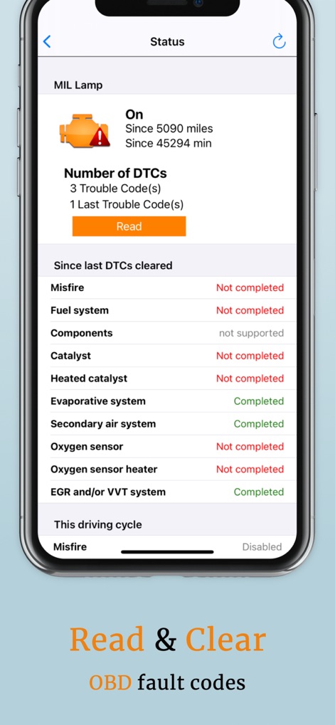 OBD2 Car Scanner - EOBD Facile - Users can quickly identify active issues with the 'MIL Lamp' status and view the number of 'DTCs (Trouble Codes)', providing immediate insight into potential car problems.