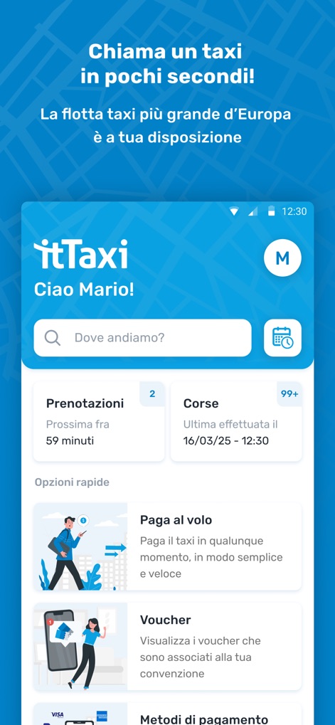 itTaxi - The app's home screen provides a personalized greeting to the user and immediately displays quick access to their upcoming reservations.