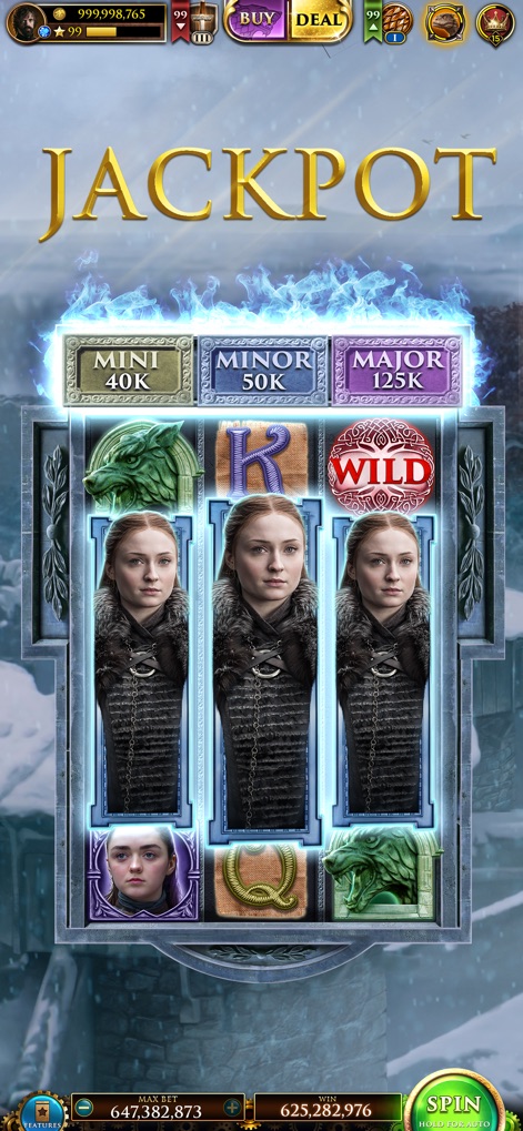 Game of Thrones Slots Casino - Pursue grand jackpots with beloved characters like Sansa Stark, featuring the noble Stark wolf sigil and specific "Mini," "Minor," and "Major" jackpot displays.