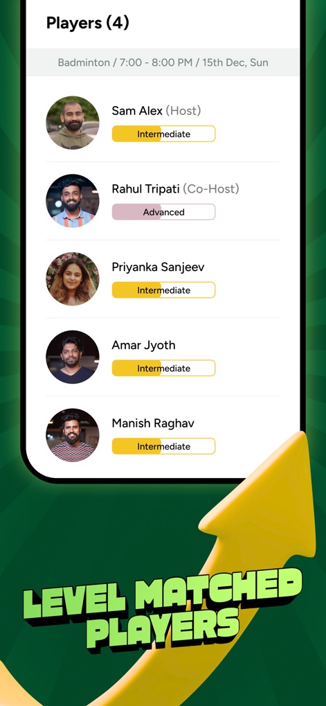 Playo - Sports Community App - 이 앱은 플레이어들의 숙련도(예: 'Intermediate', 'Advanced')를 명확하게 표시하여 비슷한 실력의 상대를 찾을 수 있도록 돕고, 'LEVEL MATCHED PLAYERS' 기능을 통해 공정한 경기를 지원합니다.