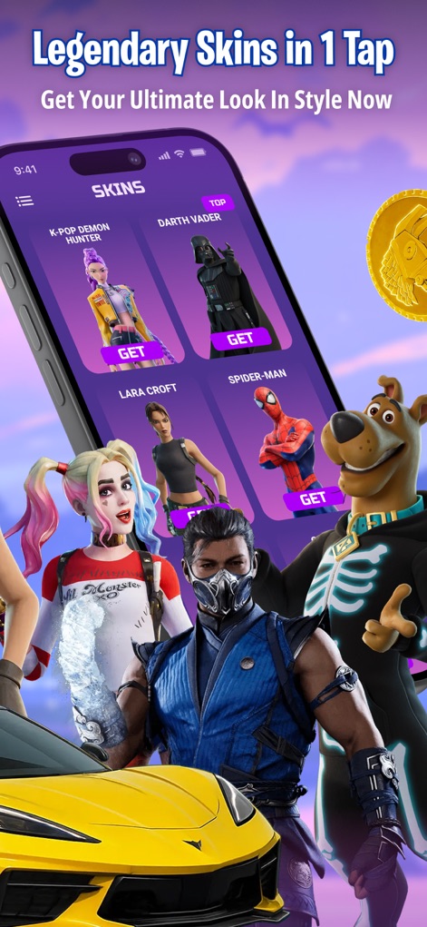 FZone - Fortnite Game Stats - Discover how the app’s "SKINS" interface organizes a vast collection of legendary looks, including fan favorites like Darth Vader and Lara Croft.