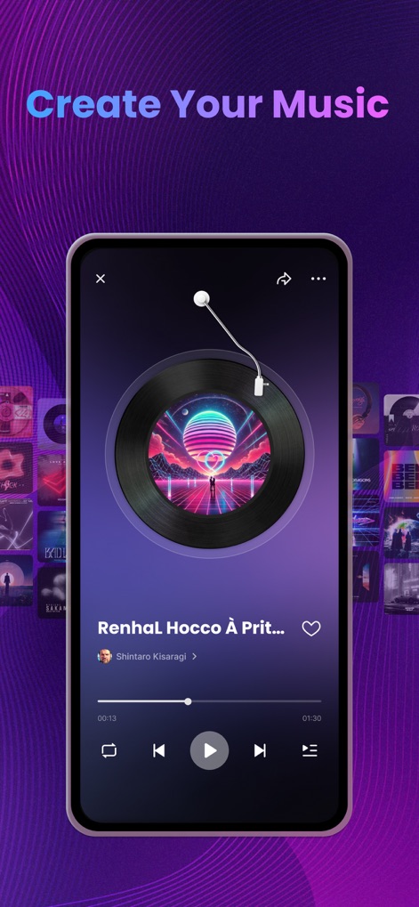 Sondo - AI Music Video & AI MV - Experience an engaging music player featuring a distinct vinyl record visualizer and streamlined playback controls for an optimal listening experience.