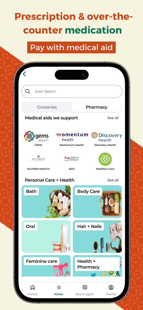Zulzi - Nutzer finden eine umfassende Liste der unterstützten Krankenkassen und können Produkte aus detaillierten Kategorien wie 'Personal Care + Health' auswählen.