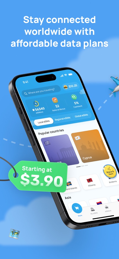 eSIMo: Travel eSIM & Calls - Cette interface met en avant la diversité des plans eSIM disponibles (locaux, régionaux, globaux) et la transparence des prix, affichant une option à partir de 3,90 $.