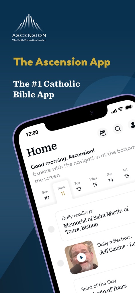 Ascension: Catholic Bible - Les utilisateurs peuvent explorer les lectures quotidiennes et le Saint du Jour via le calendrier pour une croissance spirituelle continue.