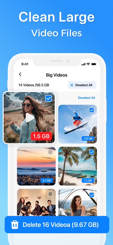 Smart Cleaner: AI Clean Up - Understand how the app helps users easily locate and manage large video files, presenting their individual sizes and enabling selection for swift bulk deletion.