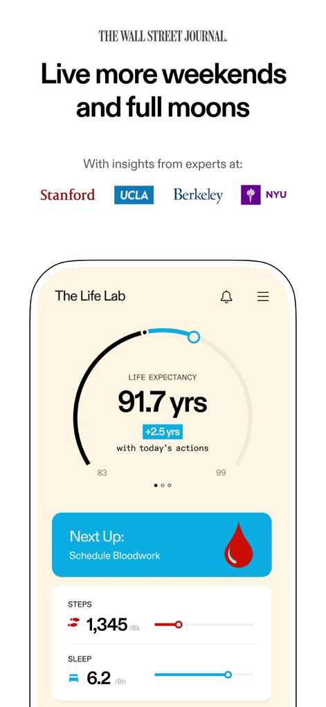Death Clock: The Life Lab - 主要な学術機関からの洞察を取り入れ、ユーザーの現在の平均寿命と、本日の行動による延長日数を具体的に示し、さらに血液検査の推奨項目を提示します。