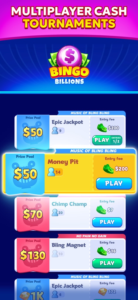 Bingo Billions: Win Real Cash! - The app displays a variety of multiplayer tournaments with clear prize pool amounts and specified entry fees for players.