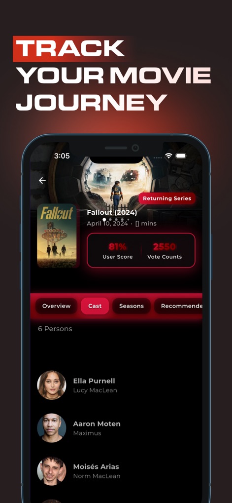 Cineby – Movies & TV shows - Esta herramienta ofrece información detallada sobre películas y series, como el 'User Score' y los 'Vote Counts' (X), además de secciones organizadas por pestañas para el reparto y las temporadas (Y).