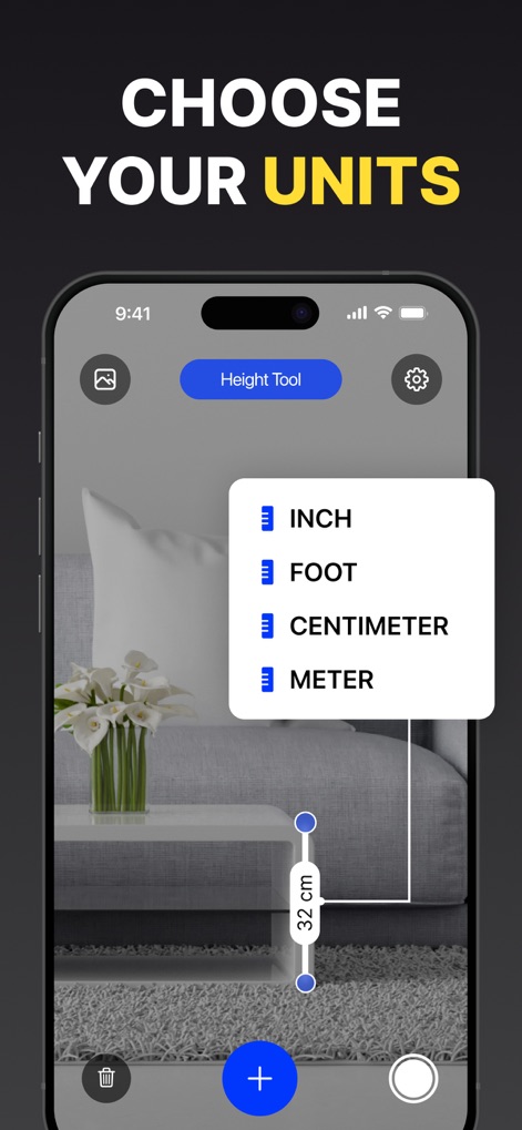 Measuring Tape+ Measure AR app - Users can easily customize their measurement experience by selecting preferred units from a dropdown menu, choosing between Inches or Centimeters for diverse projects.