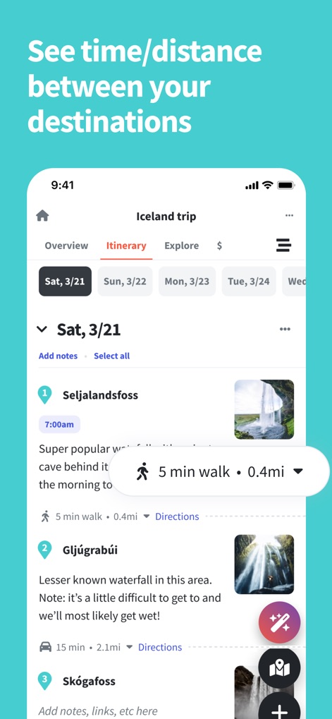 Wanderlog - Travel Planner - The itinerary view provides clear estimations of travel time and distance between destinations, allowing users to accurately plan their daily activities and navigate seamlessly.