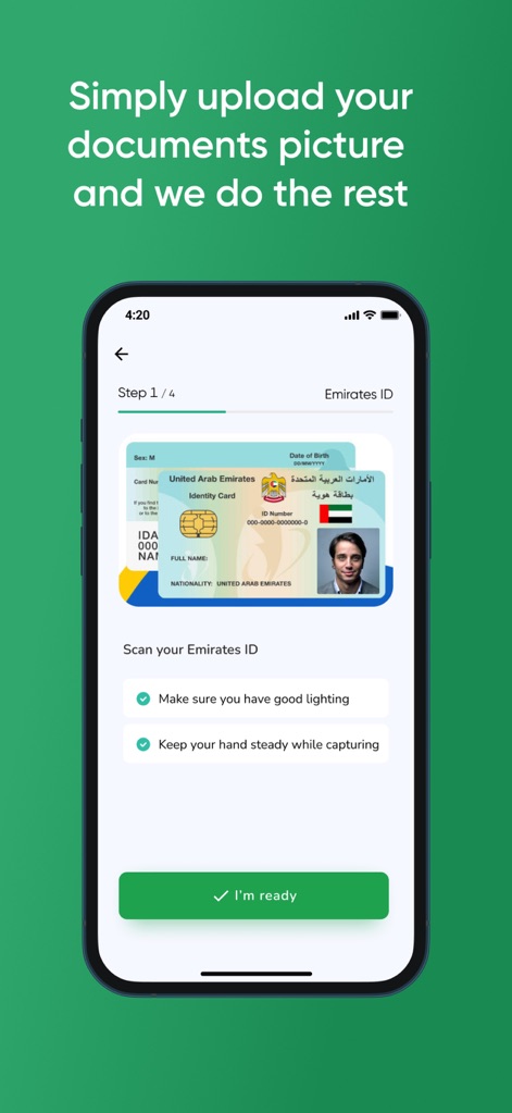 Udrive - Car Sharing & Rental - O processo de registro é direto, como demonstrado pela "tela de digitalização da Emirates ID" e pelas "instruções passo a passo" para uma captura de documento precisa.