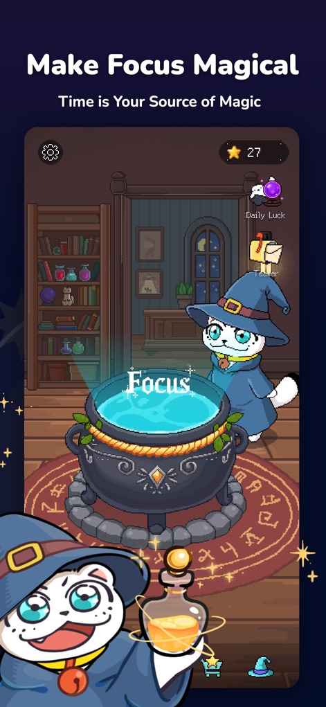 Glulu BrewTime-Pomodoro Focus - The app transforms productivity into an enchanting experience, featuring a pixel art Glulu companion guarding the magical cauldron and a clear 'Focus' button to begin sessions.