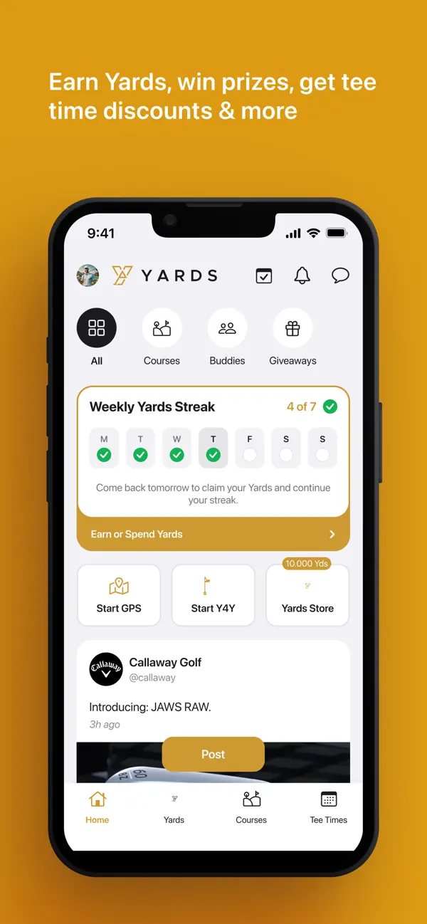 Yards Golf: Play, Earn, Win iOS app screenshot showing feature 1