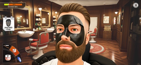 Barber Shop Hair Cut Salon 3D - A captura exibe a aplicação de uma máscara facial em um cliente, indicando a oferta de serviços de spa e bem-estar, enquanto a poltrona de barbeiro confortável promete relaxamento.