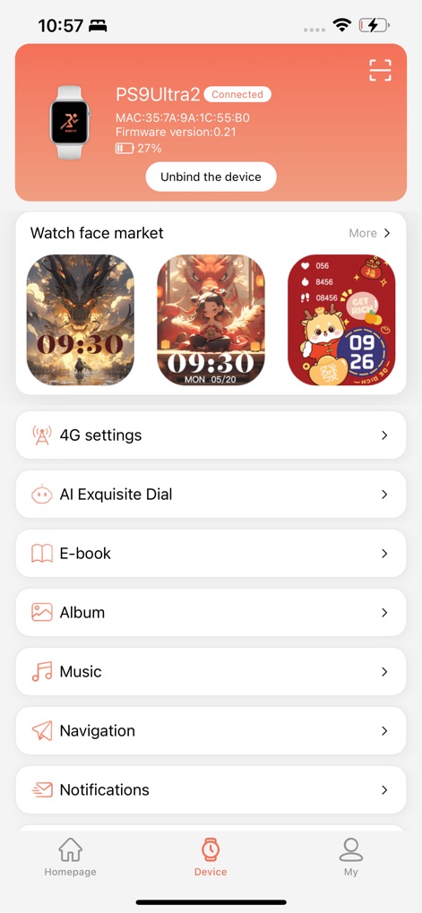 RDFit - Runde Intelligent - The app offers seamless smart device management, displaying the "Connected" status of paired wearables and providing access to a diverse "Watch face market" for personalization.