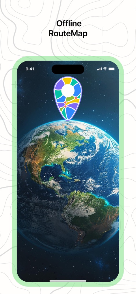 Offline RouteMap 3D - The app presents a vibrant location pin icon atop a detailed 3D Earth, symbolizing its worldwide navigation capabilities and robust mapping.