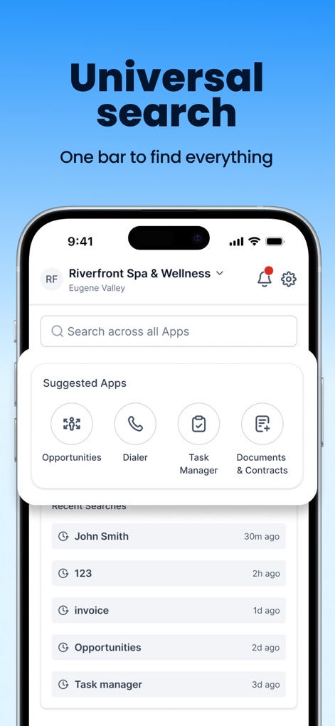 Lead Connector - Users can efficiently locate data using the "Search across all Apps" bar and review past queries in "Recent Searches".