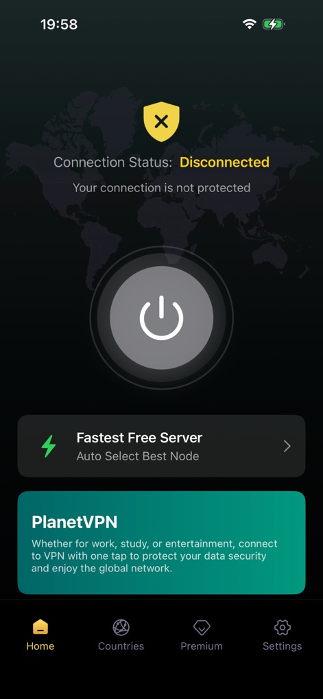 VPN - Planet Super bear - 이 앱은 '연결 끊김' 상태를 명확히 보여주며, 사용자는 중앙의 '전원 버튼'을 눌러 보안 연결을 손쉽게 시작할 수 있습니다.