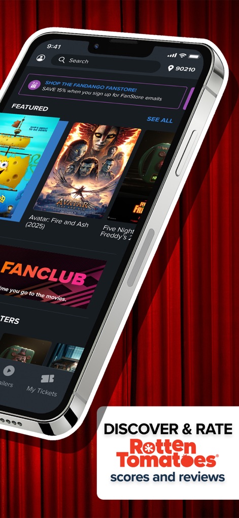 Fandango - Get Movie Tickets - Users can browse featured movies with dynamic carousels and access crucial Rotten Tomatoes® scores for informed decisions.