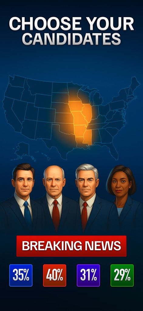 President: Simulator Game - The app challenges players to strategize election campaigns, featuring a dynamic US map indicating key battleground states and providing an overview of multiple candidate portraits with their current polling percentages.