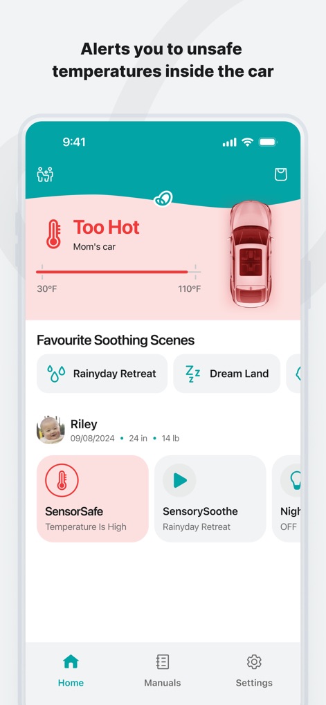 Evenflo - This interface immediately highlights potential hazards, displaying a prominent "Too Hot" warning and a red SensorSafe status card for temperature.