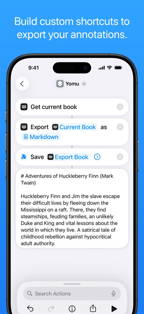 Yomu EBook Reader - Users can build custom shortcuts to streamline workflows, allowing annotations to be exported efficiently in formats like Markdown.