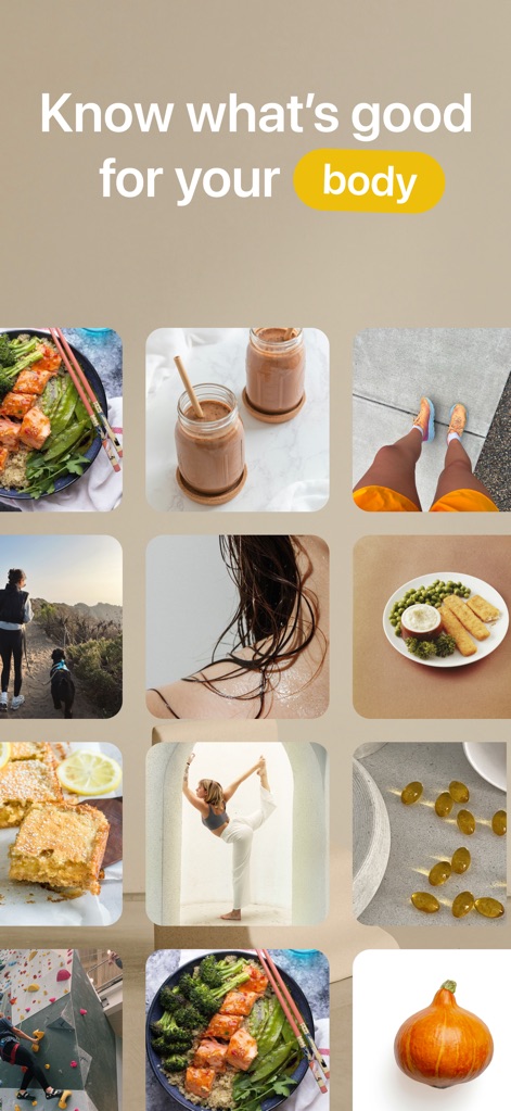 Harmony: Cycle Syncing, Period - A vibrant visual collage presents diverse options for healthy food choices and various physical activities, inspiring users to make body-positive lifestyle decisions.