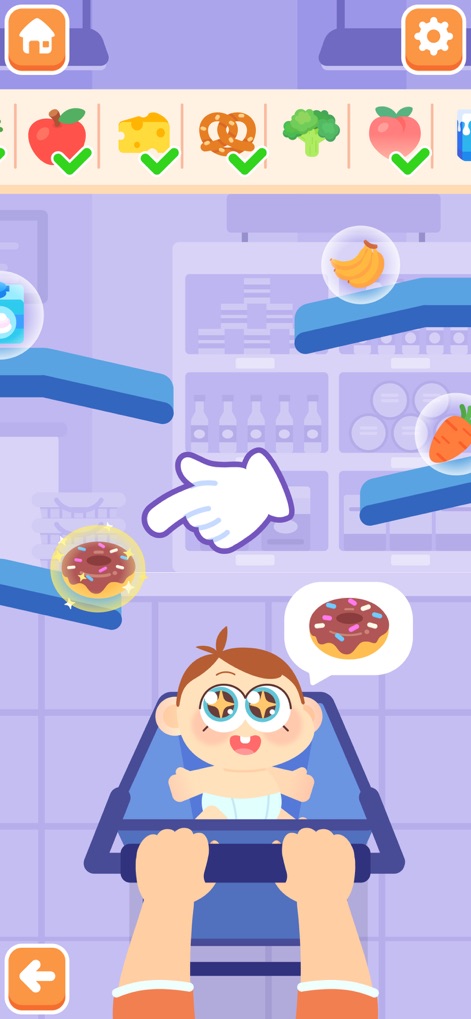 Mother Simulator - Baby Care - The app features engaging mini-games, depicting a baby in a shopping cart and a hand selecting a donut from a shelf.