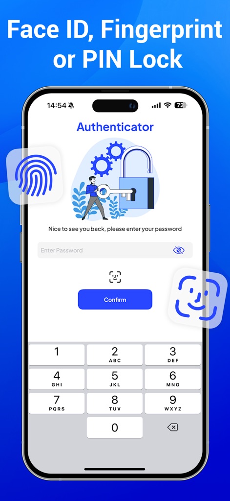 Authenticator App | 2FA Auth - 이 앱은 Face ID 또는 지문 인식과 같은 생체 인식 아이콘을 통해 높은 수준의 접근 보안을 제공하며, PIN 잠금 해제를 위한 숫자 키패드는 사용자가 선호하는 방식으로 앱을 보호할 수 있도록 합니다.