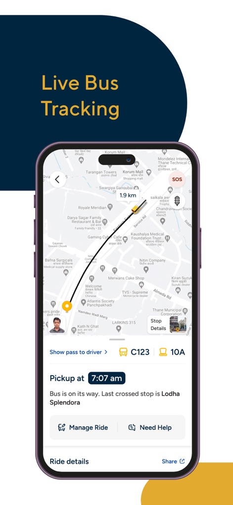 Cityflo - Premium office rides - This feature offers dynamic live bus tracking on a detailed map interface and provides precise "Pickup at 7:07 am" notifications to keep users informed.