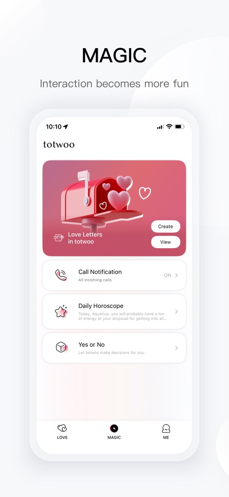 totwoo - Discover the array of interactive features, from crafting personalized "Love Letters" through the charming mailbox icon to checking the "Daily Horoscope" for insightful guidance.