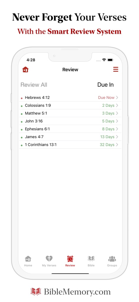 The Bible Memory App - Das "SMART REVIEW SYSTEM" präsentiert eine optimierte Wiederholungsliste, in der Nutzer die Verse mit unterschiedlichen Fälligkeitsdaten wie "Due Now" oder "2 Days" effektiv bearbeiten können.