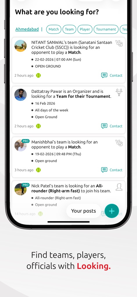 CricHeroes-Cricket Scoring App - Facilitate community connections using the "Looking" feature, enabling users to find teams or matches and filter opportunities by location or role.