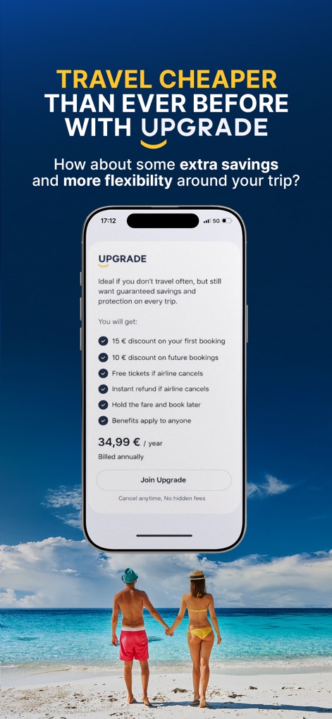 GoVola - Cheap Flights - Users can explore the benefits of the "Upgrade" membership, offering exclusive discounts and added flexibility such as instant refunds and the option to hold fares.