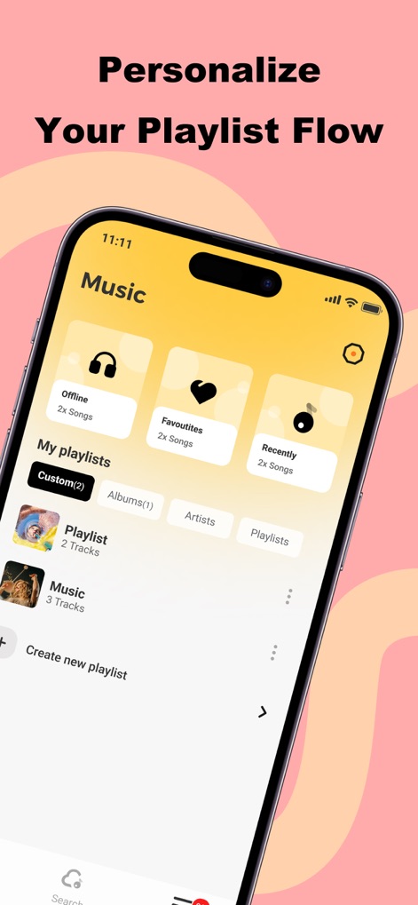 SonicNest-Music Player - The app provides comprehensive playlist management, offering pre-defined categories like "Offline" and "Favourites" alongside options for creating and organizing custom music collections.