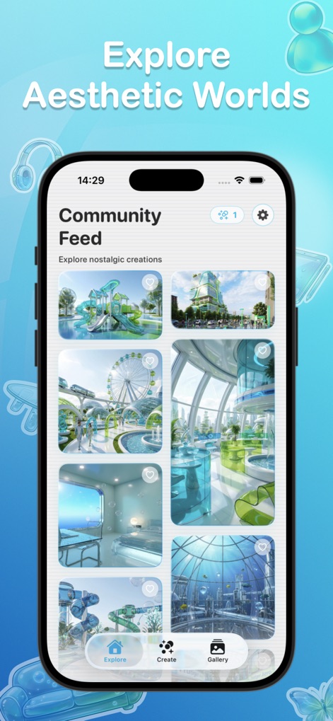 Frutiger Aero AI Art: Aesthify - Los usuarios pueden explorar un feed comunitario lleno de creaciones con paisajes utópicos y elementos de cristal y cromo, inspirándose en la diversidad del estilo Frutiger Aero.