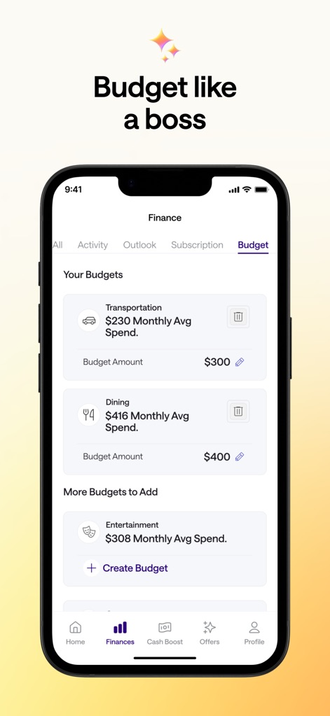 Credit Genie: Get Cash Advance - See how users can efficiently manage finances by setting custom budgets for categories like Transportation and Dining, helping to track and control spending.