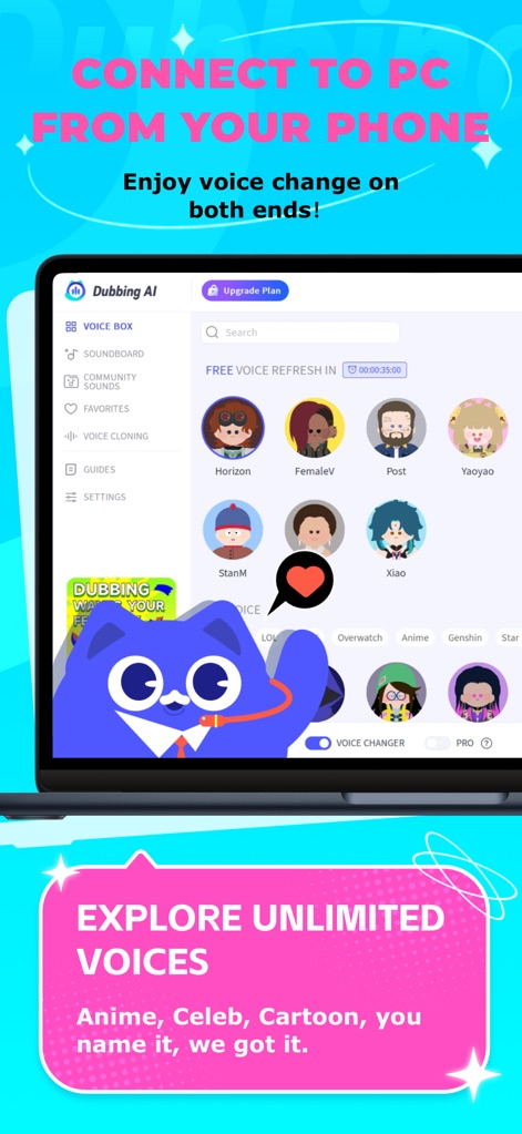 Dubbing AI - AI Voice Changer - Seamlessly integrate mobile and PC experiences, allowing users to manage settings like the 'Soundboard' menu and activate the 'Voice Changer' toggle from a desktop interface.
