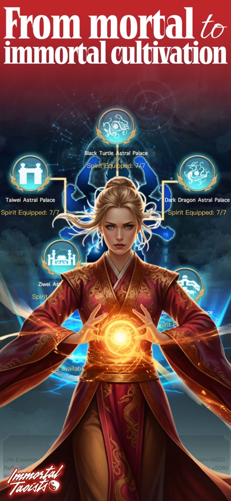 Immortal Taoists-MUD Wuxia - Witness the central figure radiating spiritual power and the intricate UI details displaying equipped spirits and astral palaces.